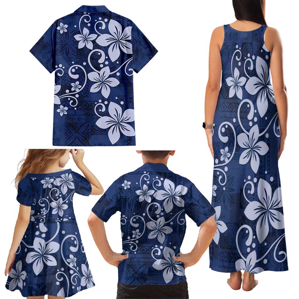 Plumeria Floral Tapa Pattern Navy Blue Family Matching Tank Maxi Dress and Hawaiian Shirt LT01 - Polynesian Pride