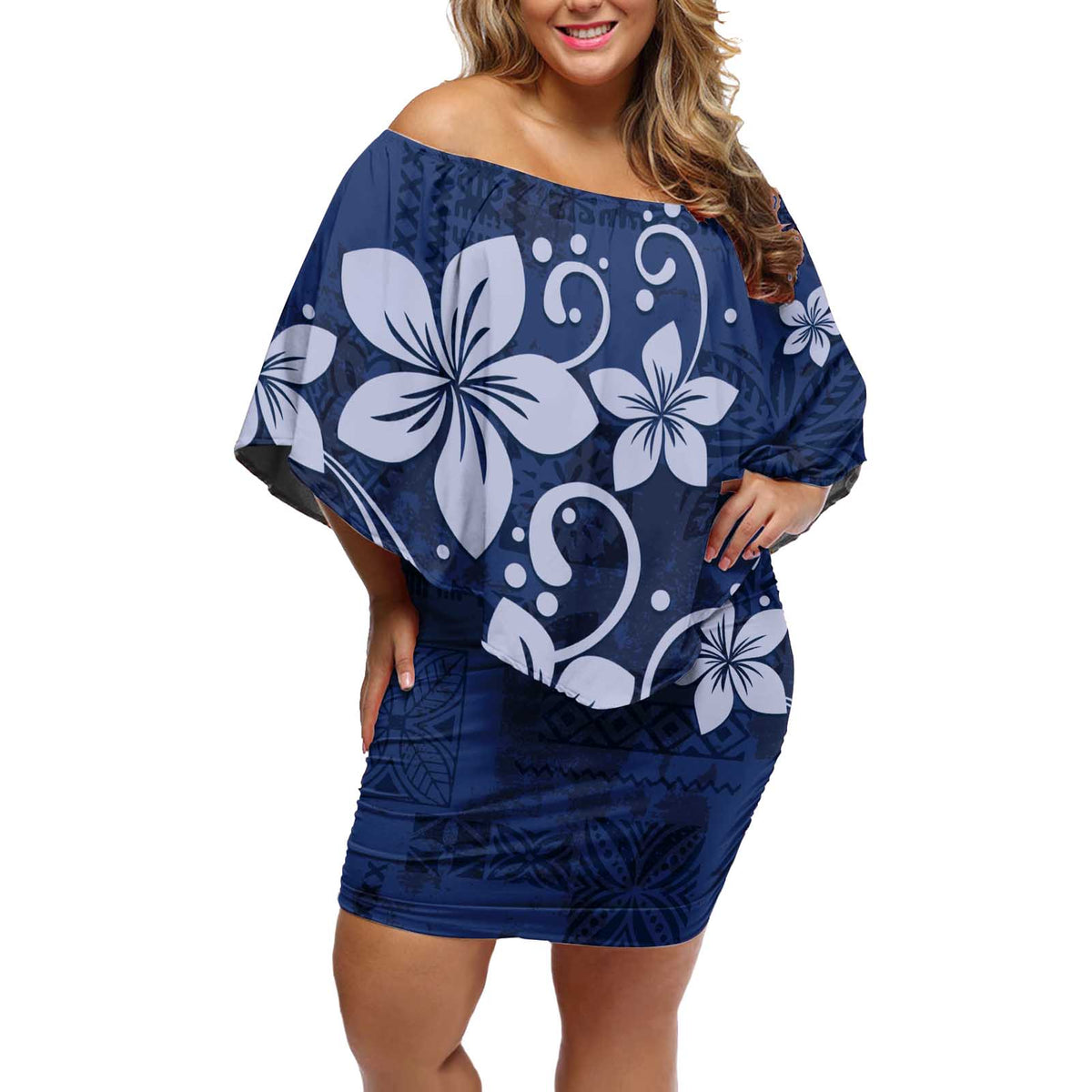 Plumeria Floral Tapa Pattern Navy Blue Off Shoulder Short Dress LT01 Women Blue - Polynesian Pride