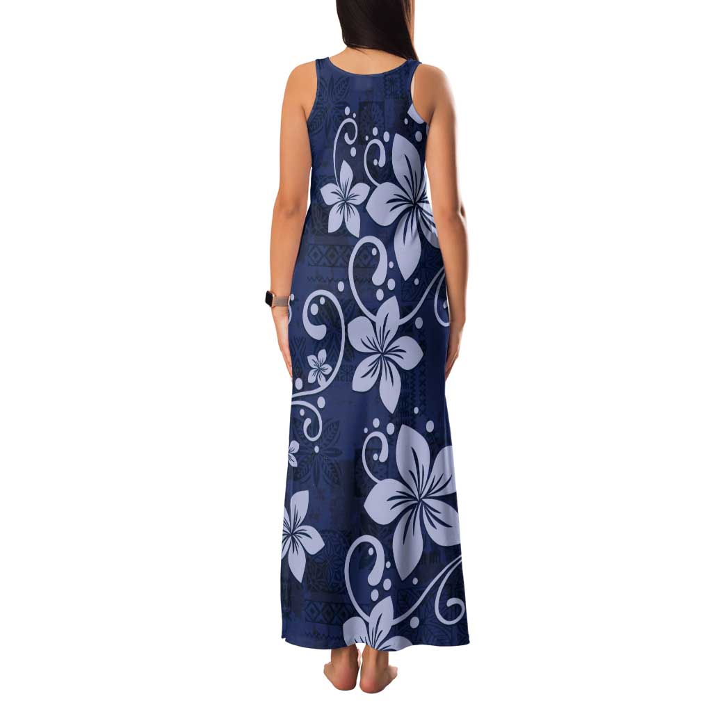 Plumeria Floral Tapa Pattern Navy Blue Tank Maxi Dress LT01 - Polynesian Pride