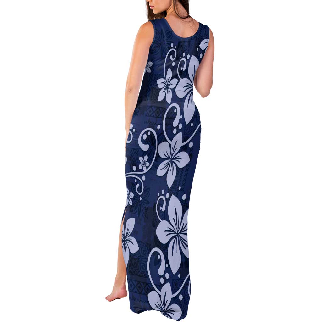 Plumeria Floral Tapa Pattern Navy Blue Tank Maxi Dress LT01 - Polynesian Pride