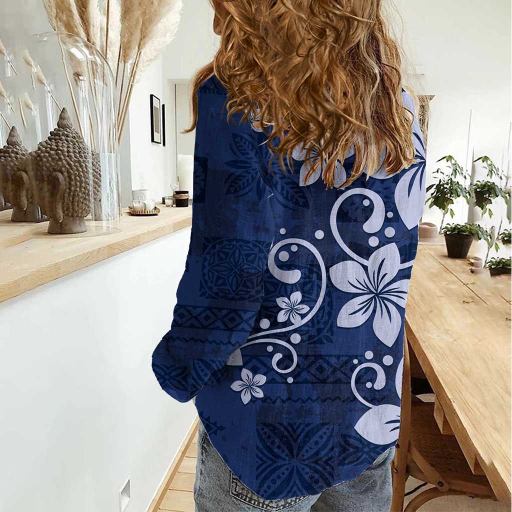 Plumeria Floral Tapa Pattern Navy Blue Women Casual Shirt