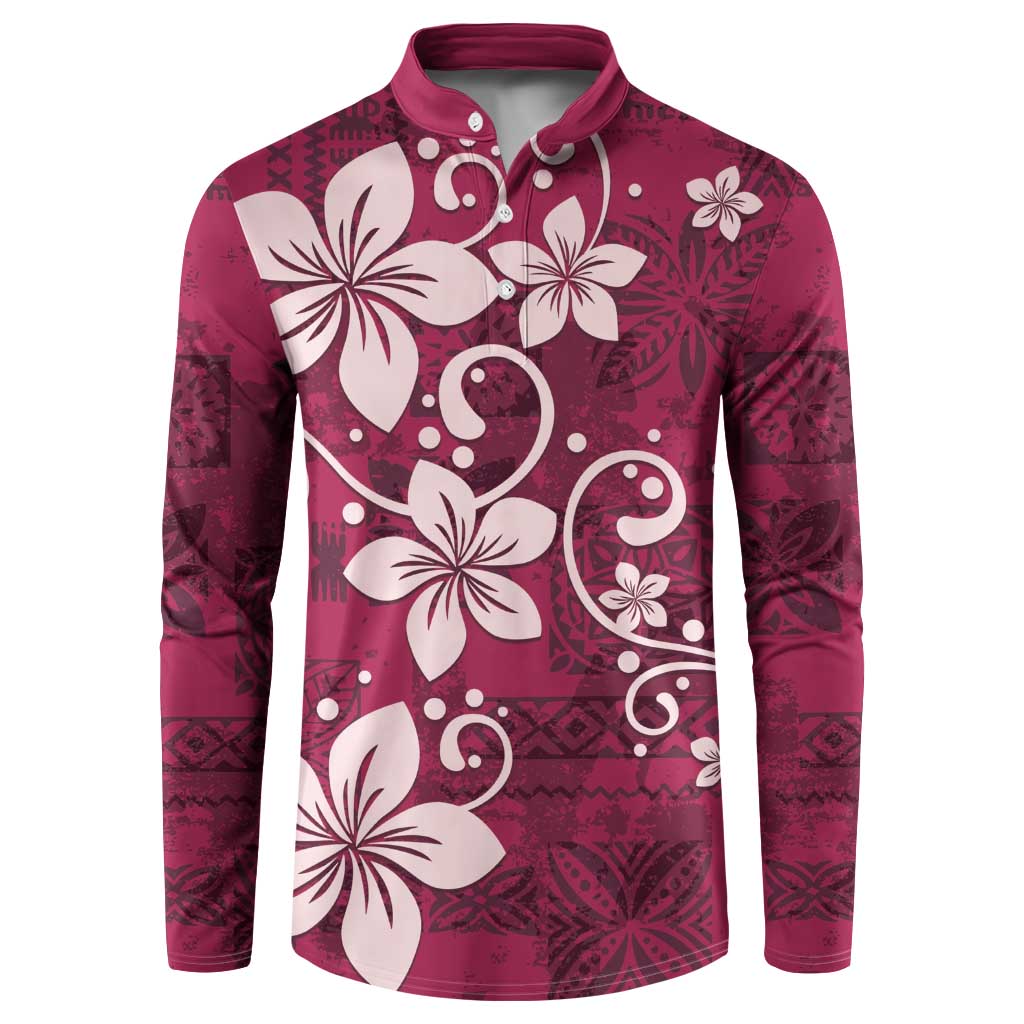 Plumeria Floral Tapa Pattern Ruby Pink Button Sweatshirt