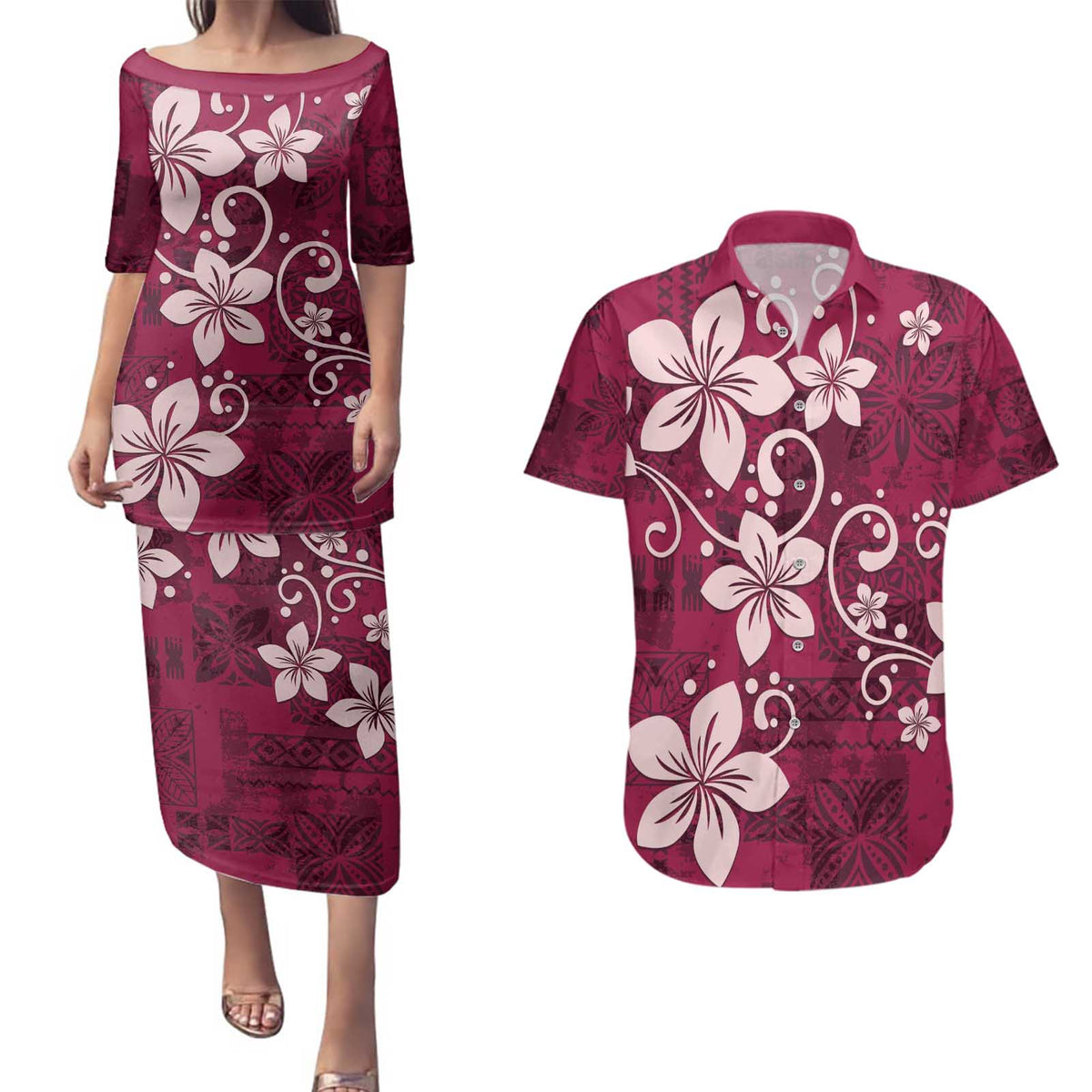Plumeria Floral Tapa Pattern Ruby Pink Couples Matching Puletasi and Hawaiian Shirt