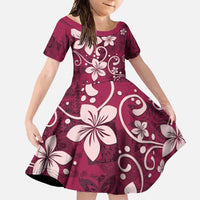 Plumeria Floral Tapa Pattern Ruby Pink Family Matching Long Sleeve Bodycon Dress and Hawaiian Shirt LT01 Daughter's Dress Pink - Polynesian Pride