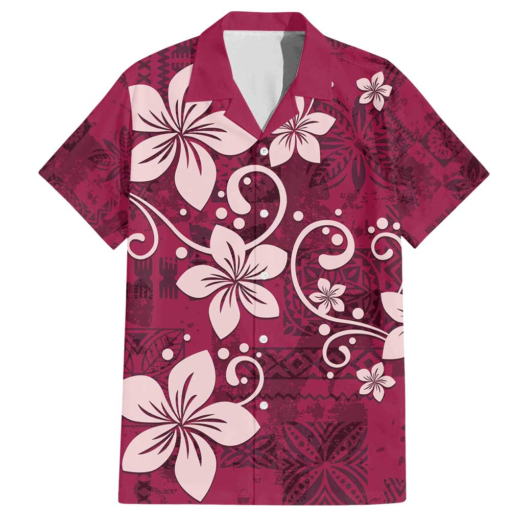 Plumeria Floral Tapa Pattern Ruby Pink Family Matching Long Sleeve Bodycon Dress and Hawaiian Shirt LT01 Dad's Shirt - Short Sleeve Pink - Polynesian Pride