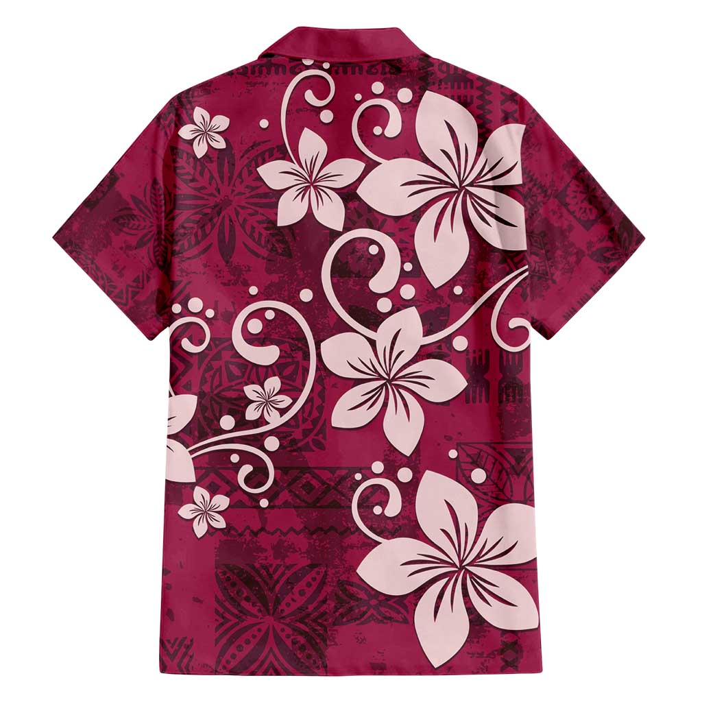 Plumeria Floral Tapa Pattern Ruby Pink Family Matching Long Sleeve Bodycon Dress and Hawaiian Shirt LT01 - Polynesian Pride