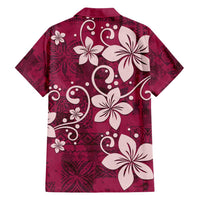 Plumeria Floral Tapa Pattern Ruby Pink Family Matching Long Sleeve Bodycon Dress and Hawaiian Shirt LT01 - Polynesian Pride