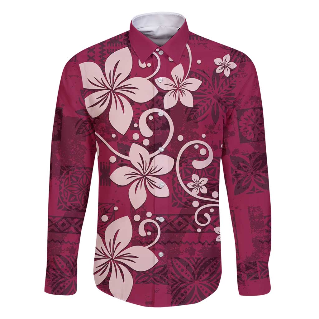 Plumeria Floral Tapa Pattern Ruby Pink Family Matching Long Sleeve Bodycon Dress and Hawaiian Shirt LT01 Dad's Shirt - Long Sleeve Pink - Polynesian Pride