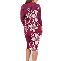 Plumeria Floral Tapa Pattern Ruby Pink Family Matching Long Sleeve Bodycon Dress and Hawaiian Shirt LT01 - Polynesian Pride