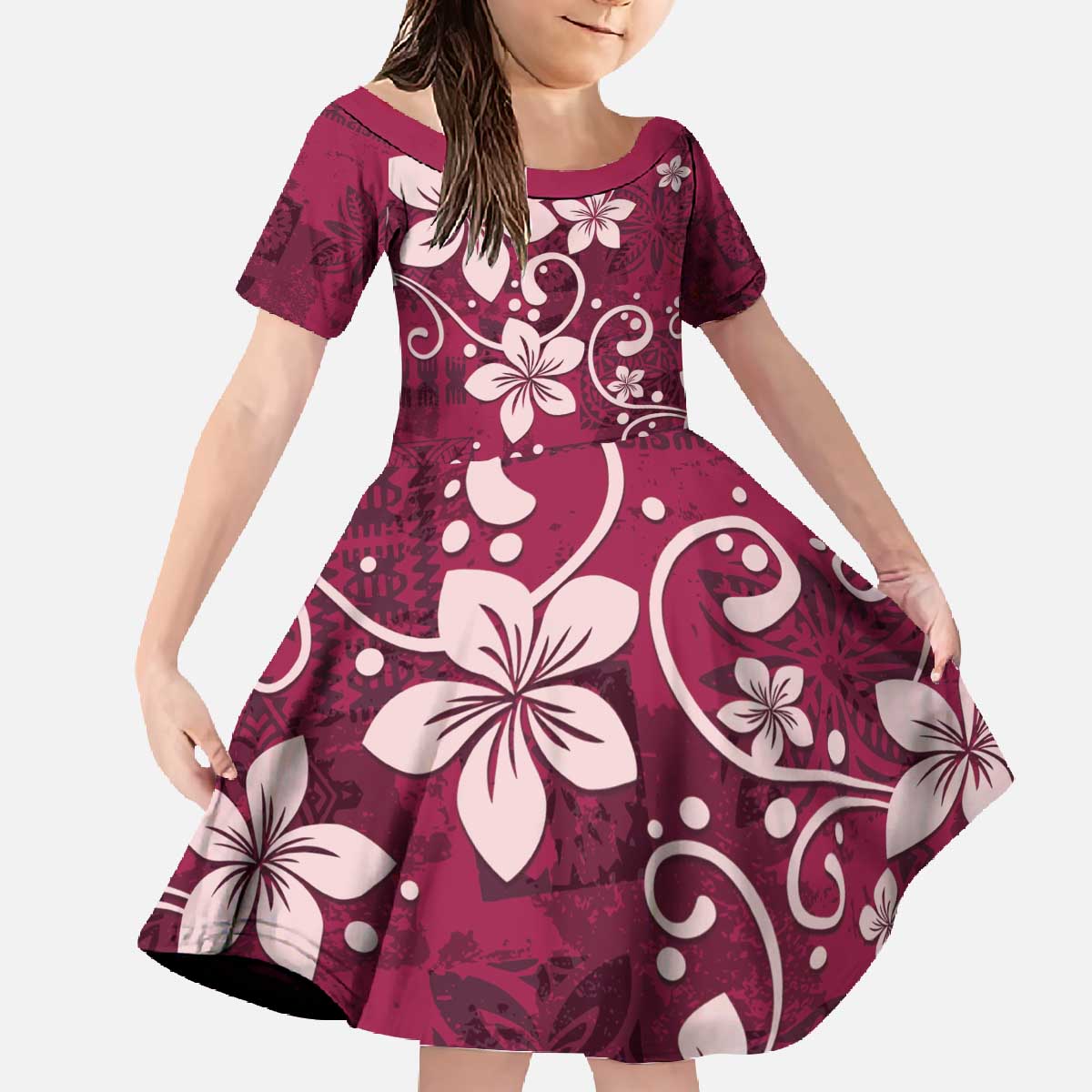 Plumeria Floral Tapa Pattern Ruby Pink Family Matching Off The Shoulder Long Sleeve Dress and Hawaiian Shirt LT01 Daughter's Dress Pink - Polynesian Pride