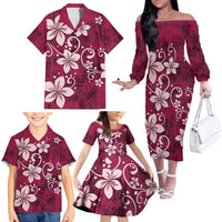 Plumeria Floral Tapa Pattern Ruby Pink Family Matching Off The Shoulder Long Sleeve Dress and Hawaiian Shirt LT01 - Polynesian Pride