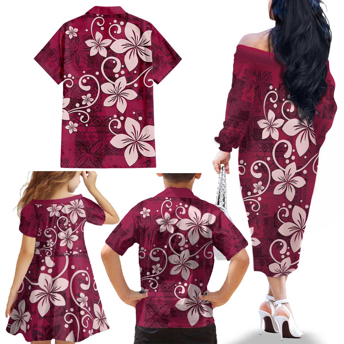 Plumeria Floral Tapa Pattern Ruby Pink Family Matching Off The Shoulder Long Sleeve Dress and Hawaiian Shirt LT01 - Polynesian Pride