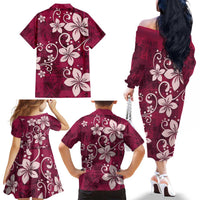 Plumeria Floral Tapa Pattern Ruby Pink Family Matching Off The Shoulder Long Sleeve Dress and Hawaiian Shirt LT01 - Polynesian Pride
