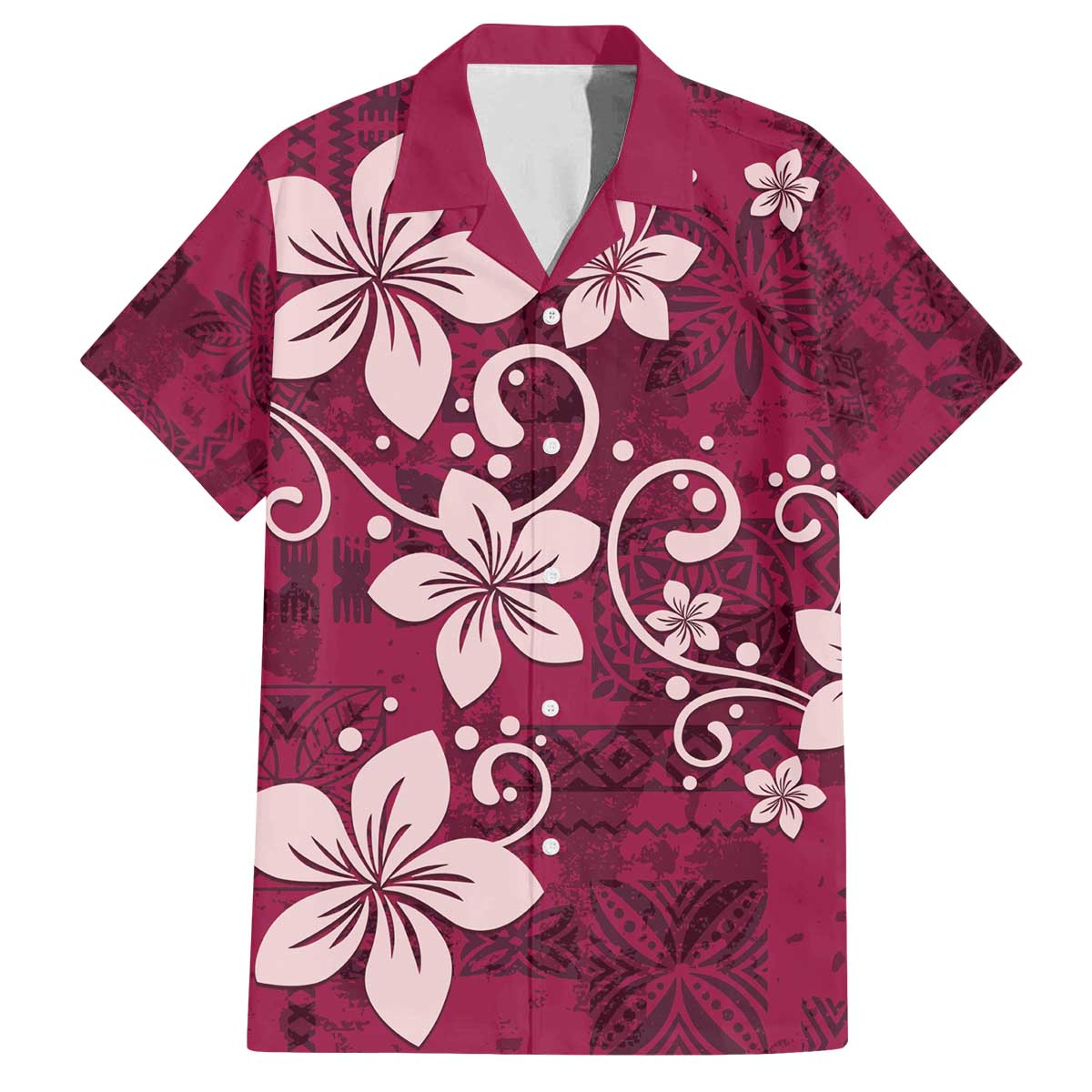 Plumeria Floral Tapa Pattern Ruby Pink Family Matching Off The Shoulder Long Sleeve Dress and Hawaiian Shirt LT01 Dad's Shirt - Short Sleeve Pink - Polynesian Pride