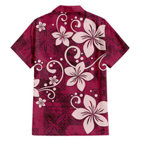 Plumeria Floral Tapa Pattern Ruby Pink Family Matching Off The Shoulder Long Sleeve Dress and Hawaiian Shirt LT01 - Polynesian Pride
