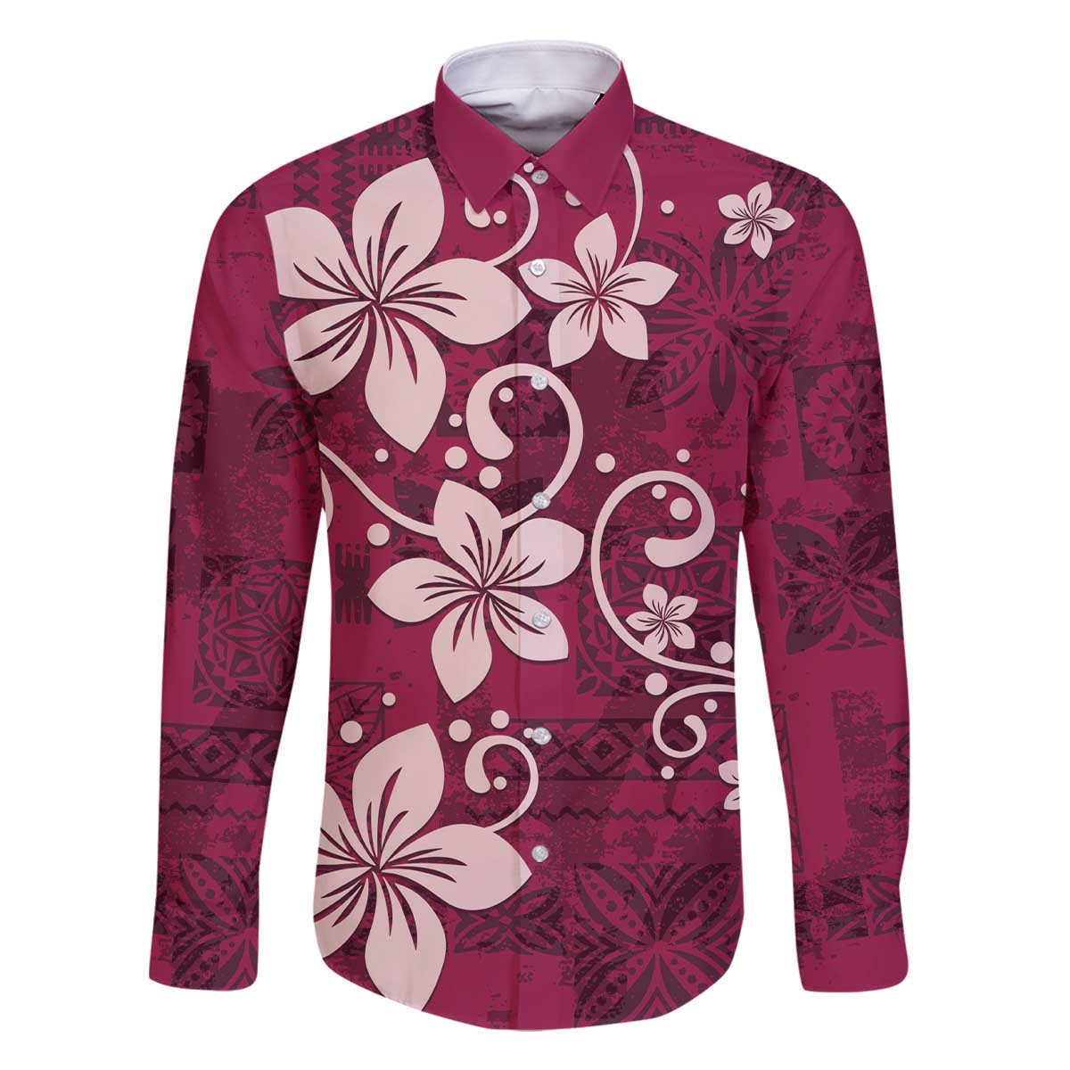 Plumeria Floral Tapa Pattern Ruby Pink Family Matching Off The Shoulder Long Sleeve Dress and Hawaiian Shirt LT01 Dad's Shirt - Long Sleeve Pink - Polynesian Pride