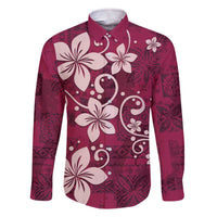 Plumeria Floral Tapa Pattern Ruby Pink Family Matching Off The Shoulder Long Sleeve Dress and Hawaiian Shirt LT01 Dad's Shirt - Long Sleeve Pink - Polynesian Pride