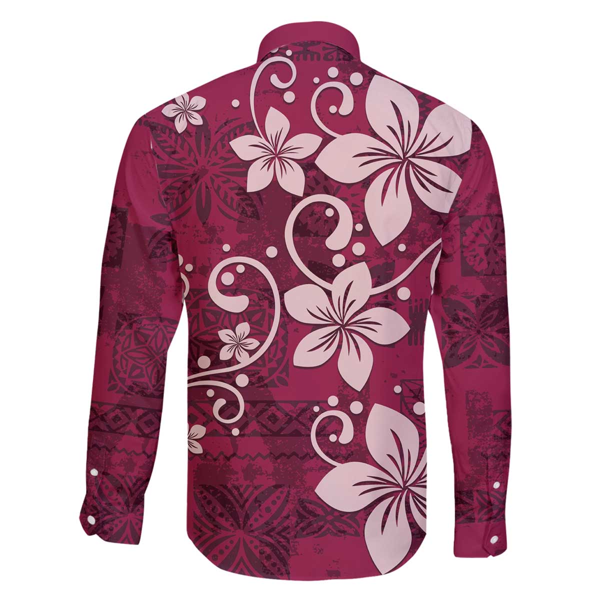 Plumeria Floral Tapa Pattern Ruby Pink Family Matching Off The Shoulder Long Sleeve Dress and Hawaiian Shirt LT01 - Polynesian Pride