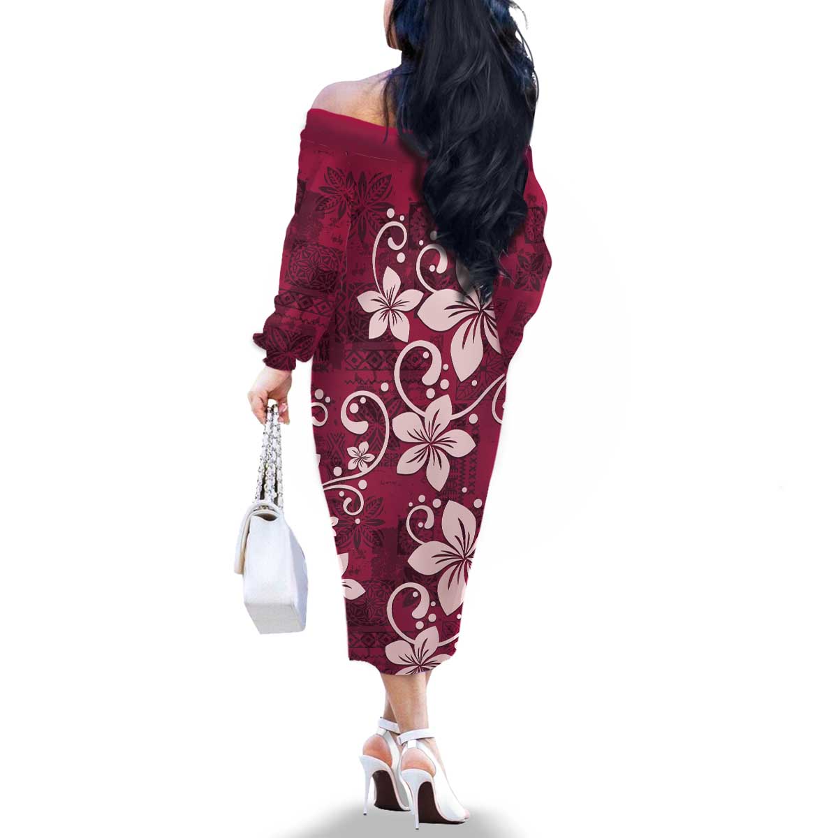 Plumeria Floral Tapa Pattern Ruby Pink Family Matching Off The Shoulder Long Sleeve Dress and Hawaiian Shirt LT01 - Polynesian Pride
