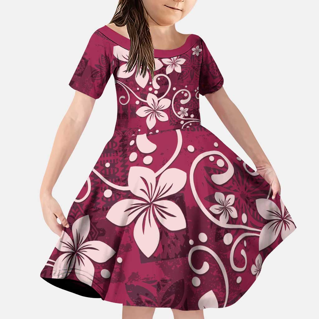 Plumeria Floral Tapa Pattern Ruby Pink Family Matching Puletasi and Hawaiian Shirt