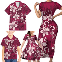 Plumeria Floral Tapa Pattern Ruby Pink Family Matching Short Sleeve Bodycon Dress and Hawaiian Shirt LT01 - Polynesian Pride