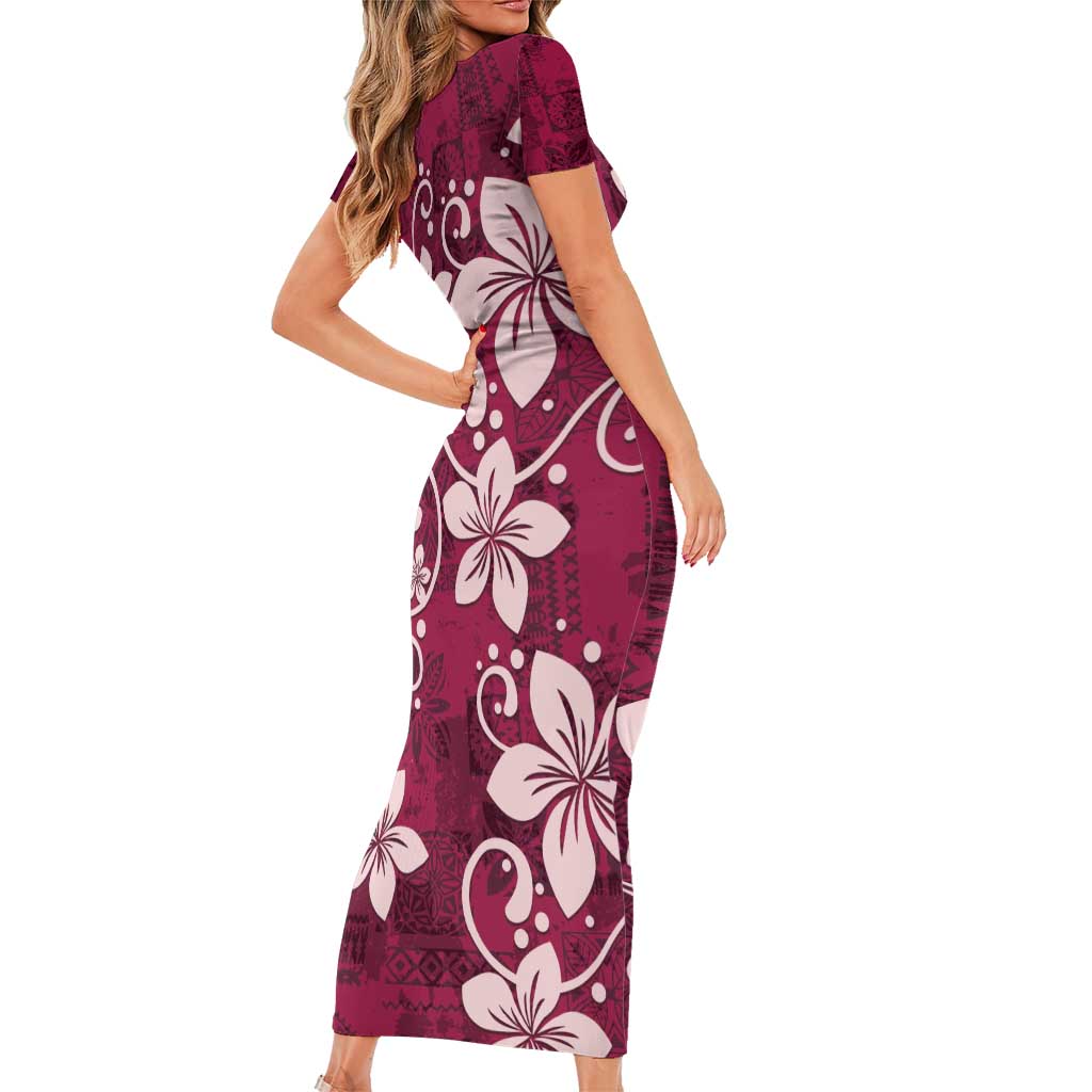 Plumeria Floral Tapa Pattern Ruby Pink Family Matching Short Sleeve Bodycon Dress and Hawaiian Shirt LT01 - Polynesian Pride