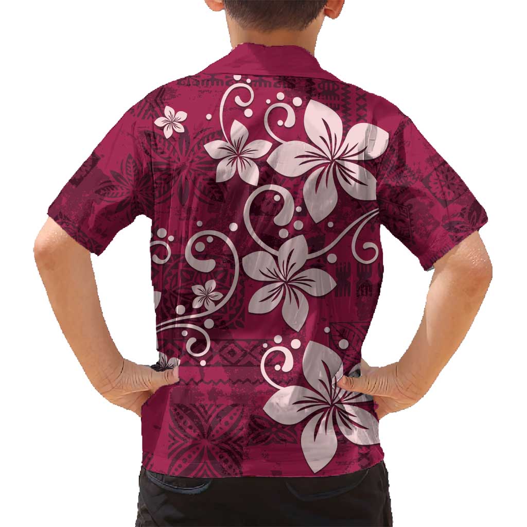 Plumeria Floral Tapa Pattern Ruby Pink Family Matching Tank Maxi Dress and Hawaiian Shirt