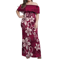 Plumeria Floral Tapa Pattern Ruby Pink Off Shoulder Maxi Dress