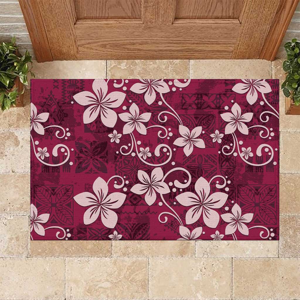 Plumeria Floral Tapa Pattern Ruby Pink Rubber Doormat