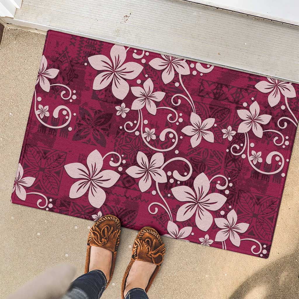 Plumeria Floral Tapa Pattern Ruby Pink Rubber Doormat