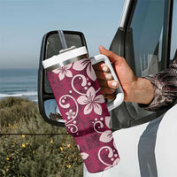Plumeria Floral Tapa Pattern Ruby Pink Tumbler With Handle