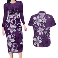 Plumeria Floral Tapa Pattern Amethyst Purple Couples Matching Long Sleeve Bodycon Dress and Hawaiian Shirt LT01 Purple - Polynesian Pride