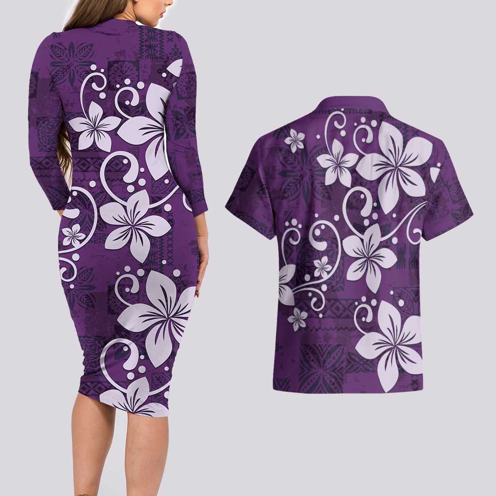Plumeria Floral Tapa Pattern Amethyst Purple Couples Matching Long Sleeve Bodycon Dress and Hawaiian Shirt LT01 - Polynesian Pride