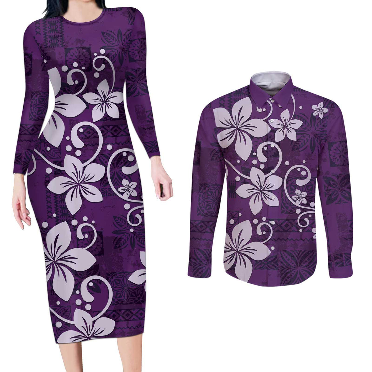 Plumeria Floral Tapa Pattern Amethyst Purple Couples Matching Long Sleeve Bodycon Dress and Long Sleeve Button Shirt LT01 Purple - Polynesian Pride