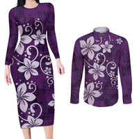 Plumeria Floral Tapa Pattern Amethyst Purple Couples Matching Long Sleeve Bodycon Dress and Long Sleeve Button Shirt LT01 Purple - Polynesian Pride
