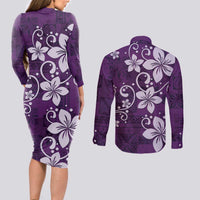 Plumeria Floral Tapa Pattern Amethyst Purple Couples Matching Long Sleeve Bodycon Dress and Long Sleeve Button Shirt LT01 - Polynesian Pride