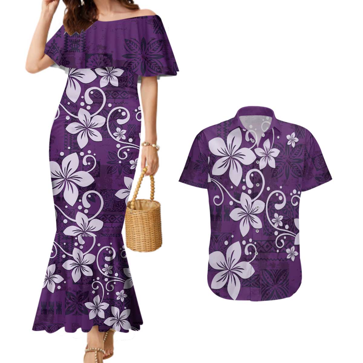 Plumeria Floral Tapa Pattern Amethyst Purple Couples Matching Mermaid Dress and Hawaiian Shirt LT01 Purple - Polynesian Pride