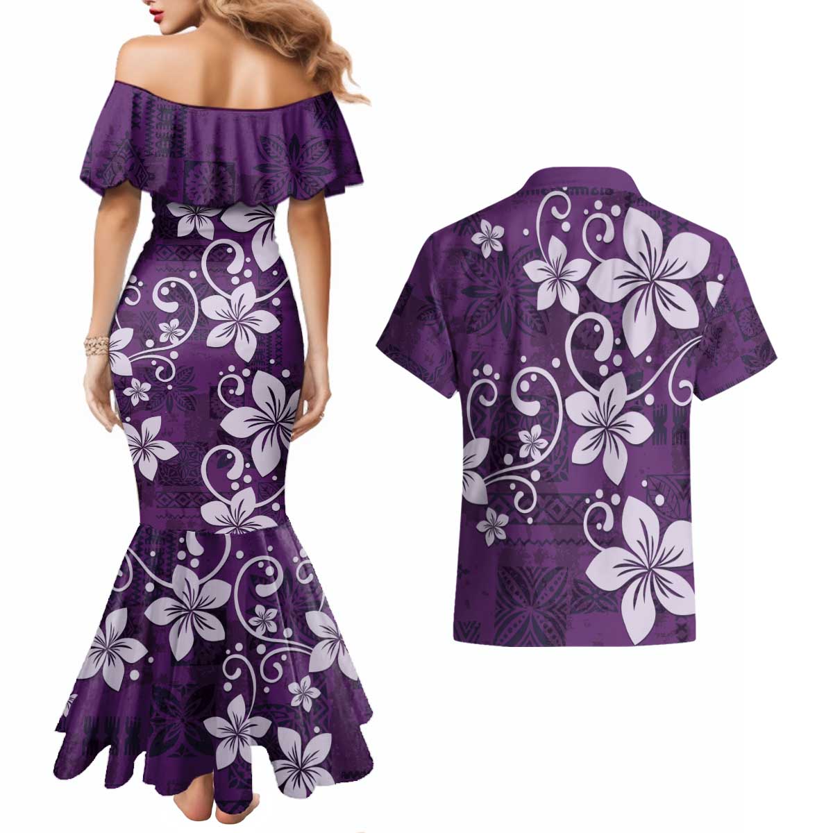 Plumeria Floral Tapa Pattern Amethyst Purple Couples Matching Mermaid Dress and Hawaiian Shirt LT01 - Polynesian Pride