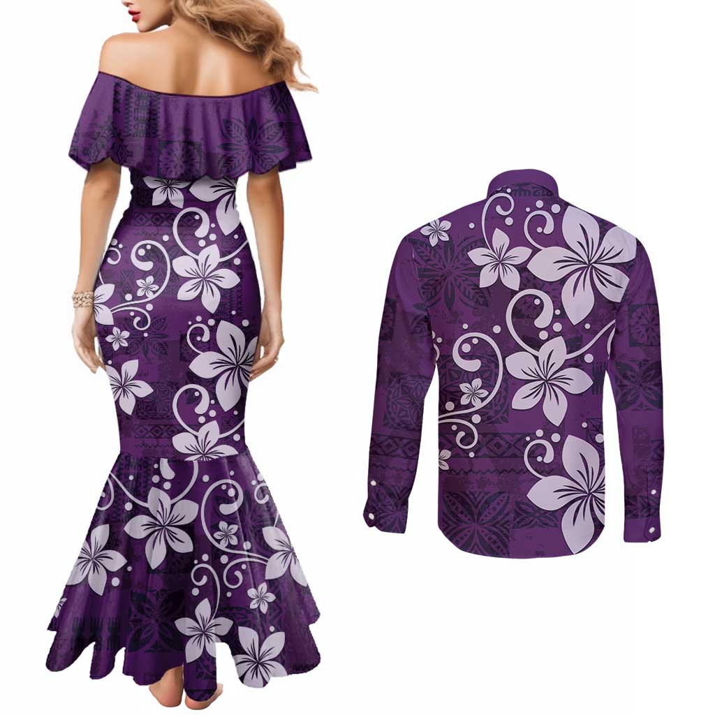 Plumeria Floral Tapa Pattern Amethyst Purple Couples Matching Mermaid Dress and Long Sleeve Button Shirt LT01 - Polynesian Pride