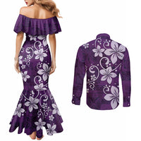 Plumeria Floral Tapa Pattern Amethyst Purple Couples Matching Mermaid Dress and Long Sleeve Button Shirt LT01 - Polynesian Pride