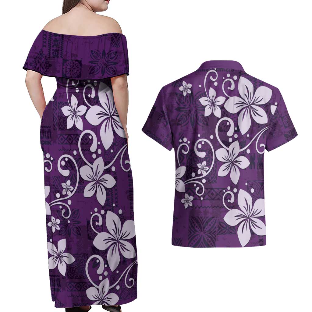 Plumeria Floral Tapa Pattern Amethyst Purple Couples Matching Off Shoulder Maxi Dress and Hawaiian Shirt LT01 - Polynesian Pride