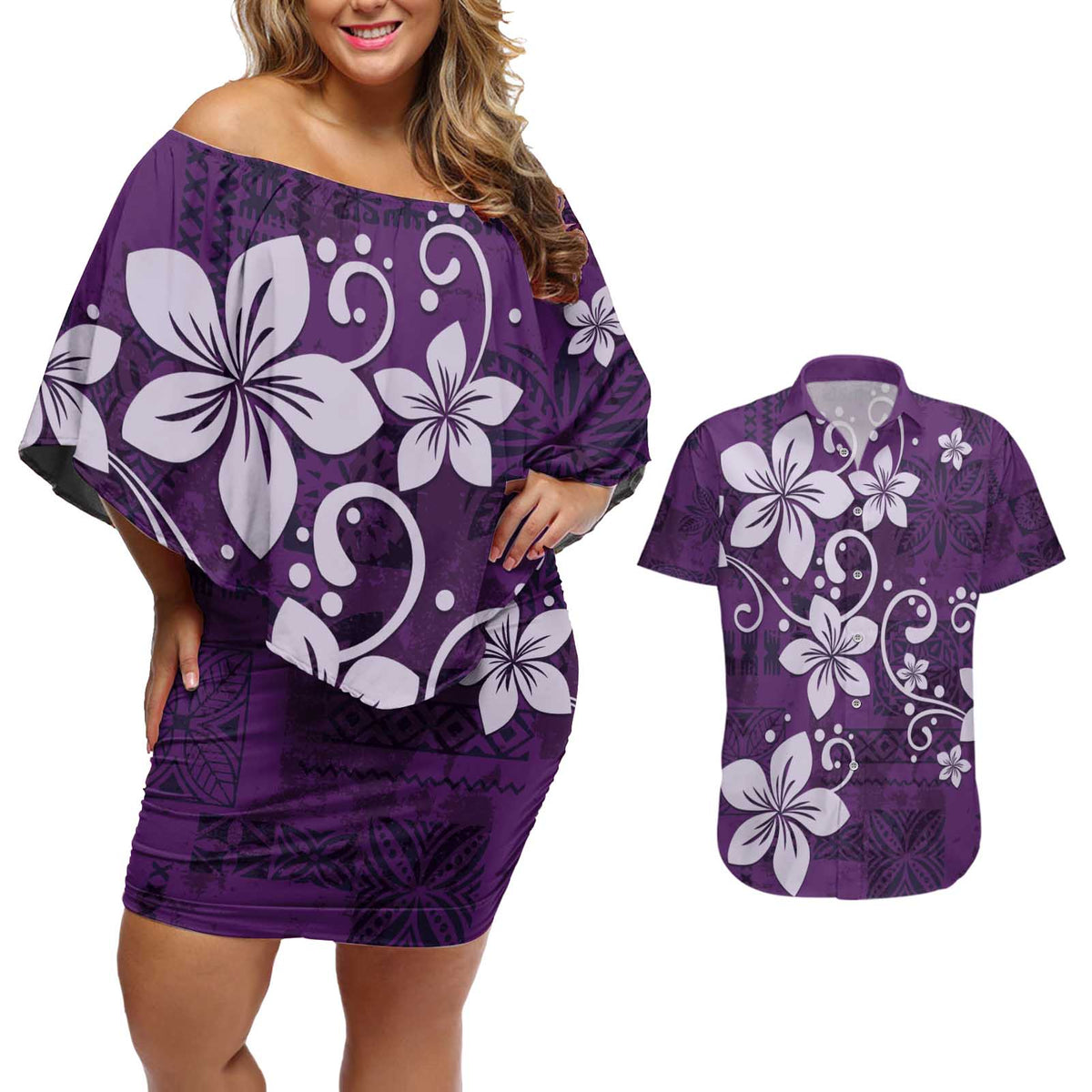 Plumeria Floral Tapa Pattern Amethyst Purple Couples Matching Off Shoulder Short Dress and Hawaiian Shirt LT01 Purple - Polynesian Pride