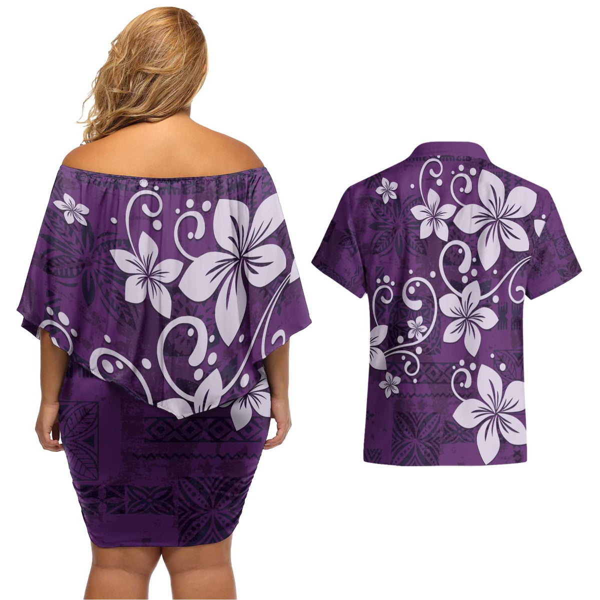Plumeria Floral Tapa Pattern Amethyst Purple Couples Matching Off Shoulder Short Dress and Hawaiian Shirt LT01 - Polynesian Pride