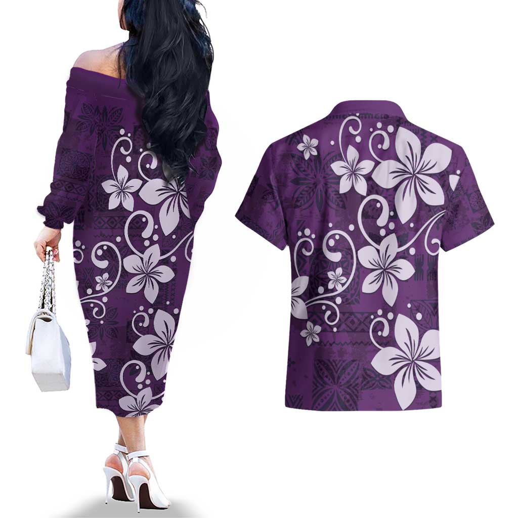 Plumeria Floral Tapa Pattern Amethyst Purple Couples Matching Off The Shoulder Long Sleeve Dress and Hawaiian Shirt LT01 - Polynesian Pride