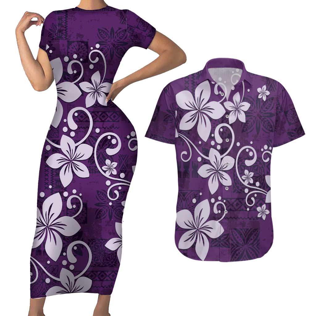 Plumeria Floral Tapa Pattern Amethyst Purple Couples Matching Short Sleeve Bodycon Dress and Hawaiian Shirt LT01 Purple - Polynesian Pride