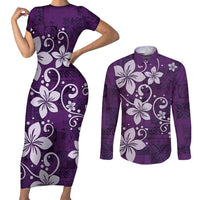 Plumeria Floral Tapa Pattern Amethyst Purple Couples Matching Short Sleeve Bodycon Dress and Long Sleeve Button Shirt LT01 Purple - Polynesian Pride
