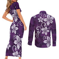 Plumeria Floral Tapa Pattern Amethyst Purple Couples Matching Short Sleeve Bodycon Dress and Long Sleeve Button Shirt LT01 - Polynesian Pride