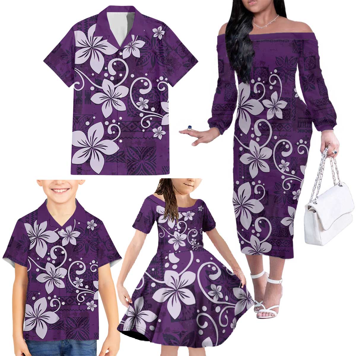 Plumeria Floral Tapa Pattern Amethyst Purple Family Matching Off The Shoulder Long Sleeve Dress and Hawaiian Shirt LT01 - Polynesian Pride
