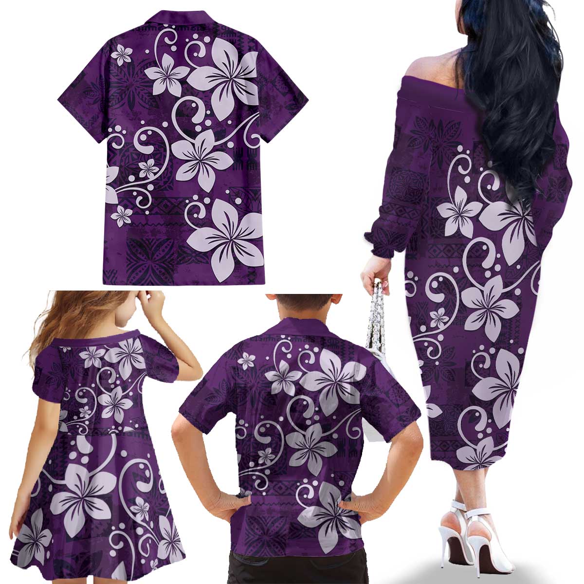 Plumeria Floral Tapa Pattern Amethyst Purple Family Matching Off The Shoulder Long Sleeve Dress and Hawaiian Shirt LT01 - Polynesian Pride