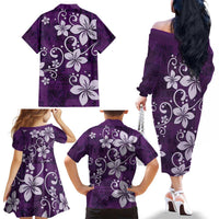 Plumeria Floral Tapa Pattern Amethyst Purple Family Matching Off The Shoulder Long Sleeve Dress and Hawaiian Shirt LT01 - Polynesian Pride